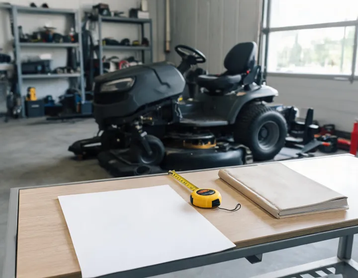A mower procurement worksheet beside equipment documentation