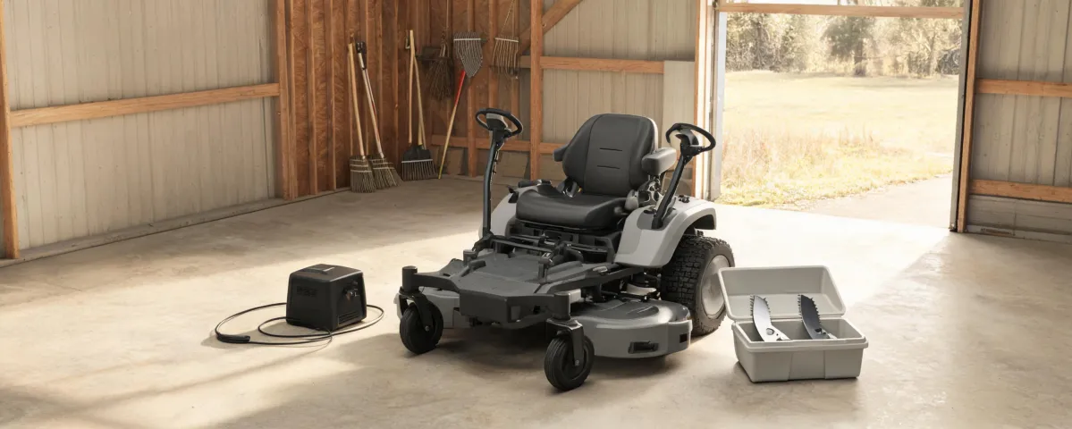 Electric mower and charger staged for a purchase comparison