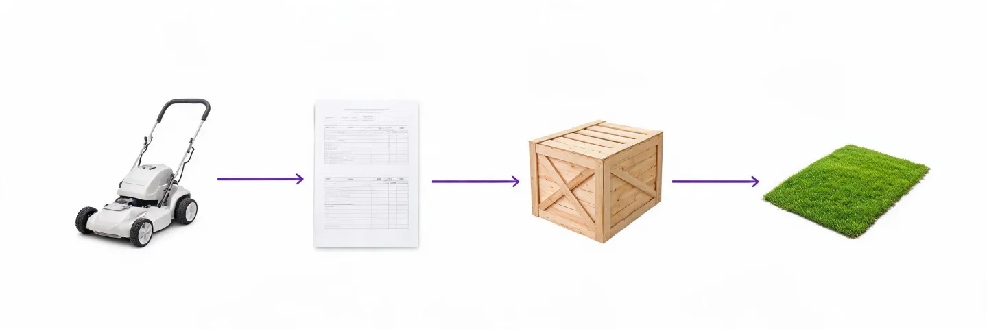 Illustrated procurement route from mower requirement to US delivery review