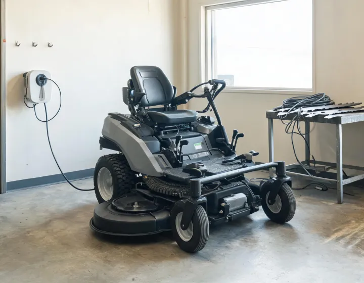 Electric zero-turn mower with charging equipment in a service area