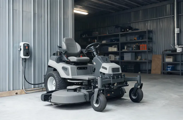 Mower beside a level workshop charging area